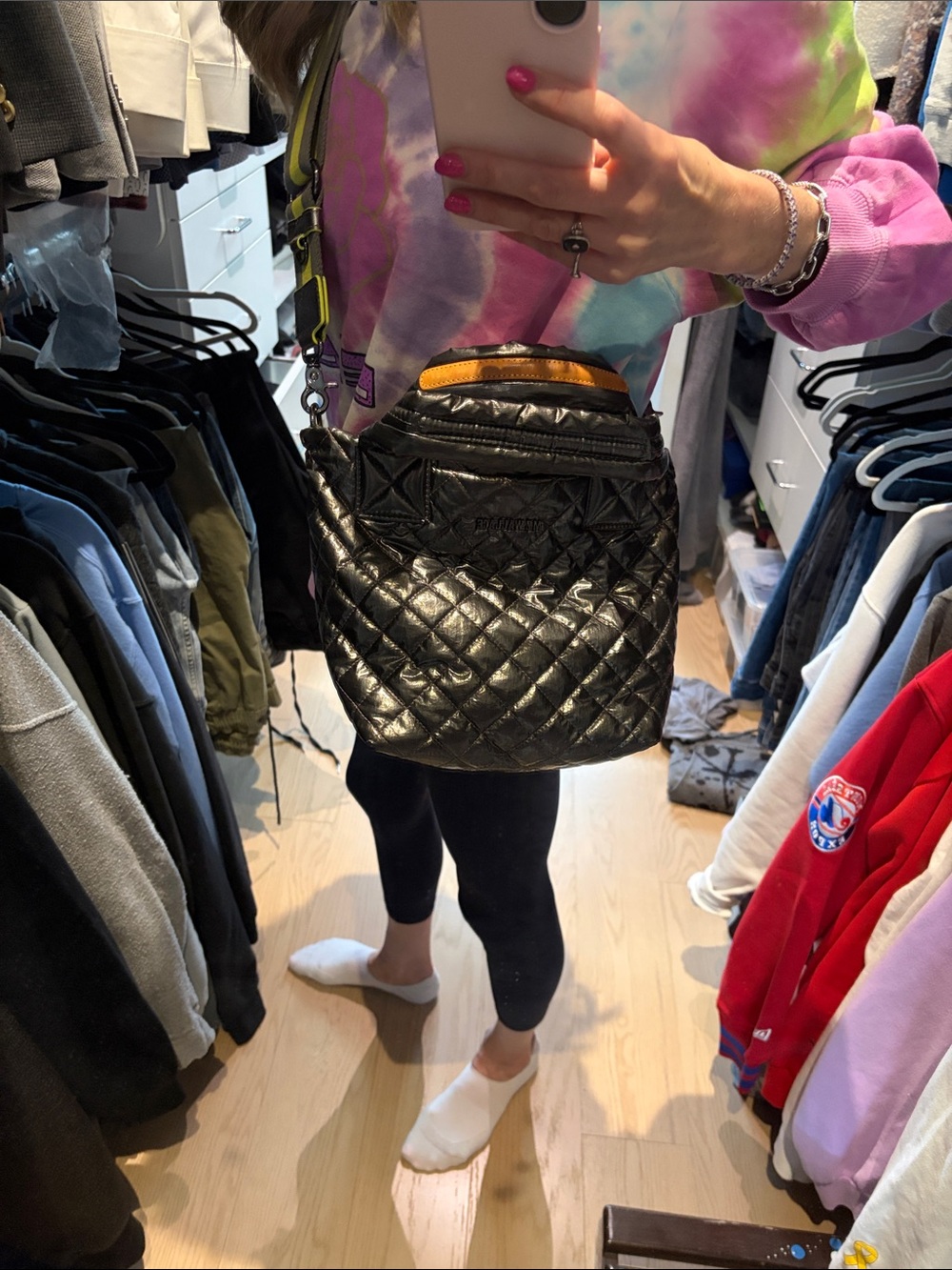 MZ Wallace Quilted Black Crossbody with Yellow Trim